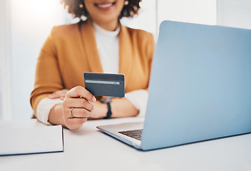 Image showing Credit card, business woman and laptop for ecommerce, online shopping or payment with fintech. Entrepreneur person hands for finance, banking and digital wallet or transaction on mockup website