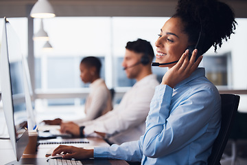 Image showing Call center, customer service and support with a black woman consultant working in her communication office. Contact us, telemarketing and consulting with a female employee at work using a headset
