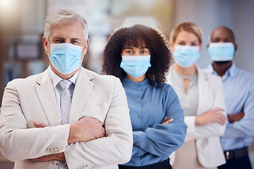 Image showing Mask, portrait and business team with arms crossed in office, company compliance and health regulations. Leadership, covid and face of group, employees and corporate diversity for safety management