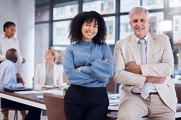 Image showing Portrait of proud business people and partner for internship opportunity. leadership and office management. Senior manager or boss and black woman or human resources employee in workplace diversity