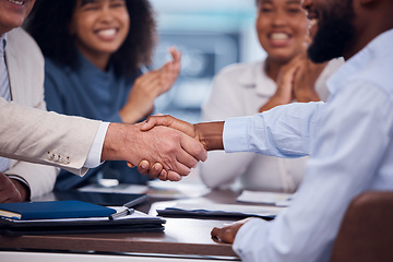 Image showing Handshake, congratulations and business people meeting for a deal, partnership and achievement. Thank you, welcome and employees shaking hands with applause for success, support and agreement