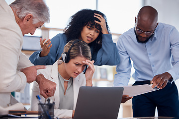 Image showing Stress, deadline and people at a call center with a problem in telemarketing, bad email and communication. Glitch, challenge and customer service employees with a crisis in technical support