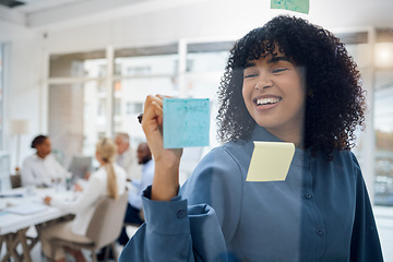 Image showing Business, brainstorming and black woman planning notes for research, agenda and smile at office window. Happy worker, glass and writing ideas for solution, strategy and mission of schedule management