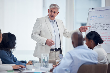 Image showing Presentation, meeting and serious business man, manager or boss strategy, planning and company progress report. Corporate executive and people, employees or team listening to presenter on whiteboard