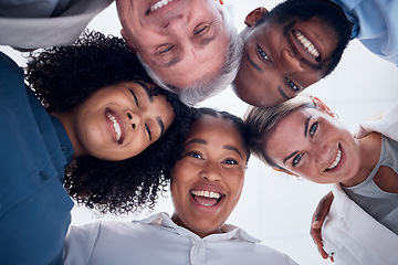 Image showing Portrait, below and happy business people in group or circle for teamwork, team building and collaboration. Face of diversity employees, worker and professional community smile together in solidarity