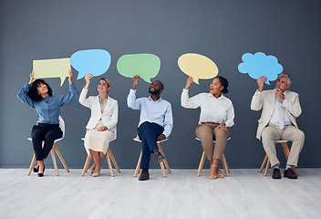Image showing Social media, business people and speech bubble for advertising, message or space on wall background. Mockup, poster and group with banner, billboard or copy space for announcement together on a room