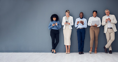 Image showing Mockup, wall and business people with technology, recruitment and waiting for job interview. Diversity, men and women with devices, employees and collaboration for cyber security and data analytics