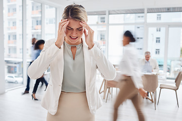 Image showing Motion blur, business woman in office and headache, pain and anxiety with fast pace corporate life, stress and burnout. Mental health, migraine and frustrated with movement, speed and overwhelmed