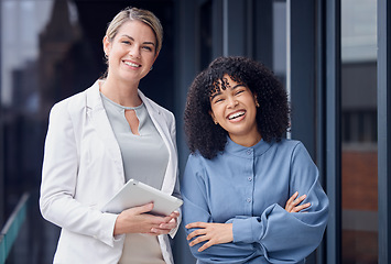 Image showing Collaboration diversity, arms crossed and portrait of women together for planning and solidarity. Happy, laughing and people in business with pride, confidence and expertise as a partnership