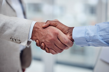 Image showing Handshake, meeting and business people with a welcome, thank you and corporate onboarding. Partnership, support and employees shaking hands for a deal, trust and success in a promotion at work