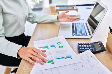 Image showing Business infographic, graph and hands with laptop on desk for planning, financial report and data analysis. Corporate office, paperwork and woman working on budget analytics, sales target and review