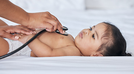 Image showing Healthcare, stethoscope and baby with a doctor for a checkup, medical attention and consulting. Hospital, patient and child with a pediatrician for an exam, test and heartbeat examination at a clinic