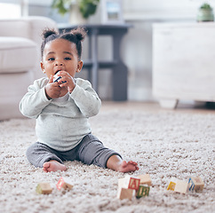 Image showing Portrait, baby and building blocks toy on a floor for learning, playing and fun in her home. Face, toddler and girl with block puzzle on a carpet for child development, color and educational skill