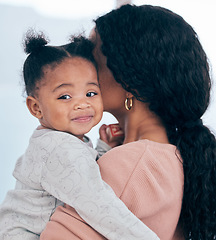 Image showing Mother, baby girl and happy child in a house with mom hug and support in the morning. Kid, toy block and mama holding infant with trust in a house with parent love and care together with bonding