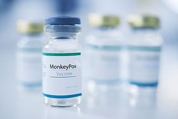 Image showing Monkeypox vaccine, backgrounds and medicine vial for protection, safety and healthcare risk. Closeup, liquid bottle and virus immunity of medical drugs, wellness and pharmaceutical science research