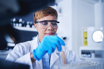 Image showing Science, test tube and black woman in laboratory for research, medical study and lab experiment. Healthcare, pharmaceutical and female scientist with liquid sample, medicine and vaccine development