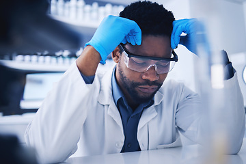 Image showing Tired, stress and scientist black man with a fail research in a lab or laboratory frustrated and sad feeling overworked. Exhausted, burnout and tired technician suffering with a headache and fatigue