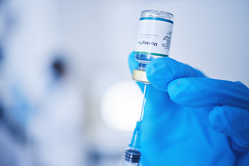 Image showing Injection vial, doctor and monkeypox vaccine of safety, healthcare medicine or pharmaceutical laboratory test. Closeup needle, hands and liquid bottle of virus risk, wellness or medical science drugs