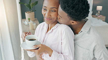 Image showing Happy couple, morning coffee and hug to show love and care while looking out hotel, apartment or bedroom window on honeymoon vacation. Happy black man and woman showing commitment and romance