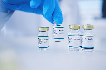 Image showing Monkeypox vaccine, hands and virus vials for safety, healthcare medicine and immunity in laboratory. Closeup vaccination, liquid bottle and drugs for protection, medical wellness and pharma research