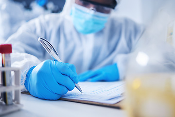 Image showing Checklist, writing or doctor in laboratory with notebook for research, medical exam and sample analysis. Healthcare, biotechnology or scientist for medicine notes, dna results or vaccine report