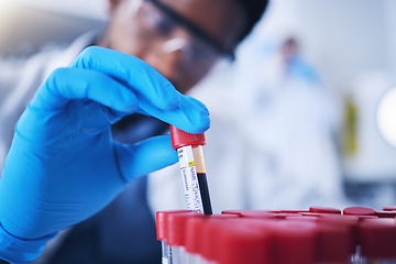 Image showing Science, blood and hands with test tube in laboratory for research, medical exam and sample analysis. Healthcare, pharmaceutical and black man scientist with vial for dna experiment, rna and genetics