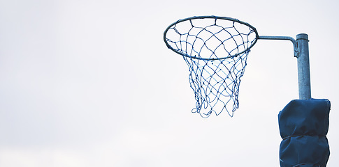 Image showing Sports, basketball and netball hoop in a park for fitness and a game at school or in public. Mockup, space and equipment for a sport in the air for playing, competition and professional match