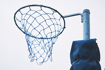 Image showing Sports, basketball and netball hoop for training, fitness and a game at school or in public. Rim, play and equipment for a sport in the air for playing, competition and professional match in a park