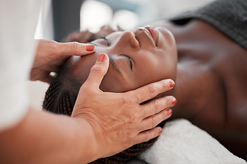 Image showing Beauty, relax and black woman getting a facial massage for health, wellness and self care. Skincare, spa and calm African female sleeping while doing a luxury natural face treatment at a salon.