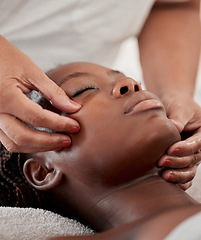 Image showing Black woman face, massage and spa wellness therapist with young female and cosmetic facial. Skincare, beauty and dermatology clinic with client feeling calm and zen from hyaluronic acid serum