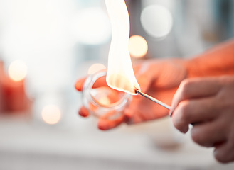 Image showing Cupping, flame and hands at spa with glass for physical therapy, holistic wellness and cosmetics. Beauty, skincare and fire for massage bulb, jar and tools at health salon, healing and physiotherapy