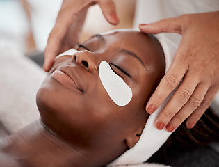 Image showing Salon woman, hands or face massage for beauty healthcare, cosmetics facial treatment or spa wellness. Luxury medical service, health or relax African client, customer or patient for professional care