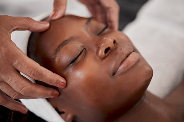 Image showing Black woman, relax face and luxury spa massage of a young female ready for facial. Skincare, beauty and wellness clinic with client feeling calm and zen from cosmetic chemical peel treatment