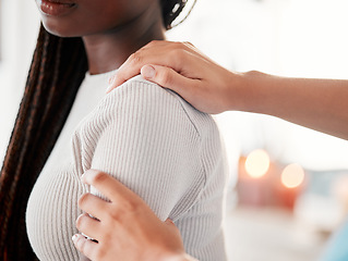 Image showing Physical therapy, posture and chiropractor helping a patient with back pain, injury or accident. Medical emergency, healthcare and physiotherapist consulting a woman for spine recovery in a clinic.