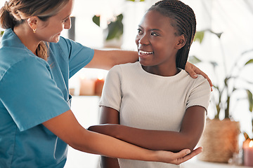 Image showing Physiotherapy, stretching arm and black woman muscle massage, healthcare service and anatomy or elbow healing. Physical therapy, medical professional support or chiropractor consulting happy patient