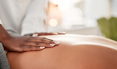 Image showing Hand, back massage with masseuse and skin, women at holistic center or spa with wellness, physical therapy and zen. Health, peace of mind and stress relief, self care and lifestyle with healing