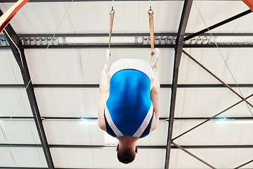 Image showing Man, acrobat and gymnastics on rings in fitness for practice, training or workout performance at gym. Professional male gymnast hanging on ring circles for athletics, acrobatics or strength exercise