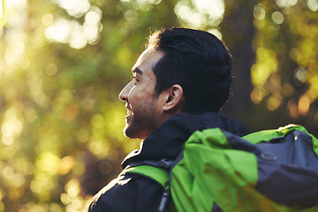 Image showing Man, backpacker or hiking in forest woods, trekking in nature for travel in mockup adventure, relax workout or fitness exercise. Happy, smile or hiker in freedom environment for a person in wellness