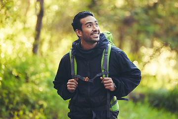 Image showing Asian man, backpacker or hiking in nature forest, trekking woods or Japanese trees in adventure workout or fitness exercise. Smile, happy or environment hiker in travel freedom or healthcare mock up