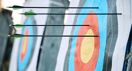 Image showing Arrows in archery target or circle for competition, game or learning in field outdoor for sports background. Sport event, icon or eye goal with arrow on board for gaming, adventure and shooting