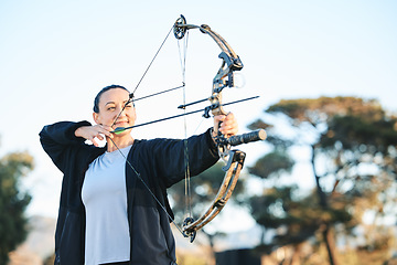 Image showing Happy woman, bow or arrows aim in sports field, shooting range or gaming nature in hunting, hobby or exercise. Archery, person or athlete smile with weapon in target training, competition or practice