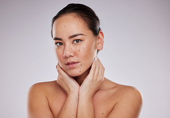 Image showing Beauty, face and portrait of a woman in studio for skincare, dermatology and cosmetic for skin glow. Aesthetic asian model person with makeup shine and luxury self care facial grey background