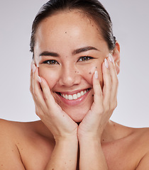 Image showing Portrait smile, face and skincare of Asian woman in studio isolated on a gray background. Makeup, beauty cosmetics and happy female model with glowing, healthy or flawless skin after facial treatment