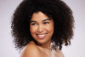 Image showing Beauty, skincare and happy black woman isolated on studio background for cosmetics, foundation and natural hair. Young model face or afro person from USA with dermatology facial results or makeup