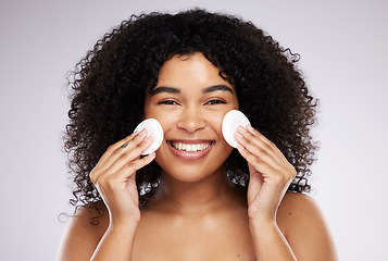 Image showing Beauty, cotton pad and portrait of black woman with smile for wellness, skincare and healthy glow. Dermatology, self care and happy face of girl with swab for makeup, cosmetics and facial cleaning