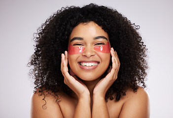 Image showing Eye mask, skincare and product with a model black woman in studio on a gray background for beauty or cosmetics. Spa, relax and facial with an attractive young female posing to promote afro treatment