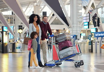 Image showing Travel, airport and happy family with suitcase trolley for holiday, vacation or immigration journey. Luggage of black woman or diversity parents with child or kid walking in lobby excited for flight