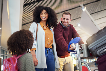 Image showing Travel, airport and happy family with african girl for holiday, vacation and talking of immigration journey. Suitcase, luggage and mother, father or diversity parents with child excited for flight