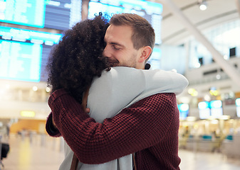 Image showing Couple, hug and farewell at airport for travel, trip or flight in goodbye for long distance relationship. Man and woman hugging before traveling, departure or immigration arrival waiting for airline