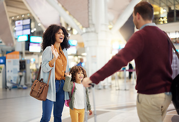 Image showing Happy family greeting father at airport for welcome home, reunion and travel immigration at international flight. Interracial mother, dad and girl or kid wave, hello and excited to see papa in lobby